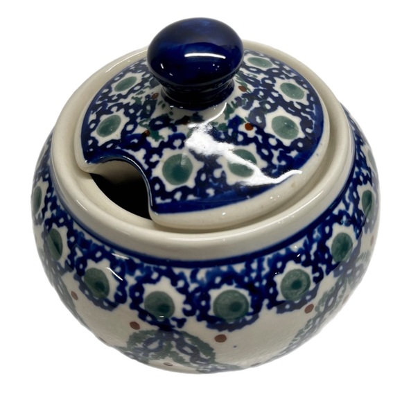 EUC Boleslawiec Polish Pottery Lidded Sugar Bowl-Blue Braided Chain Grn. 10 Oz. - Picture 2 of 9